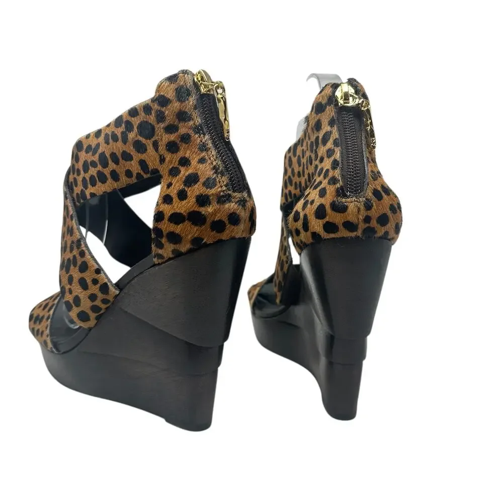 Diane von Furstenberg Opal Wedge Sandals Leopard Leather Calf Hair Brown‎ Size 8